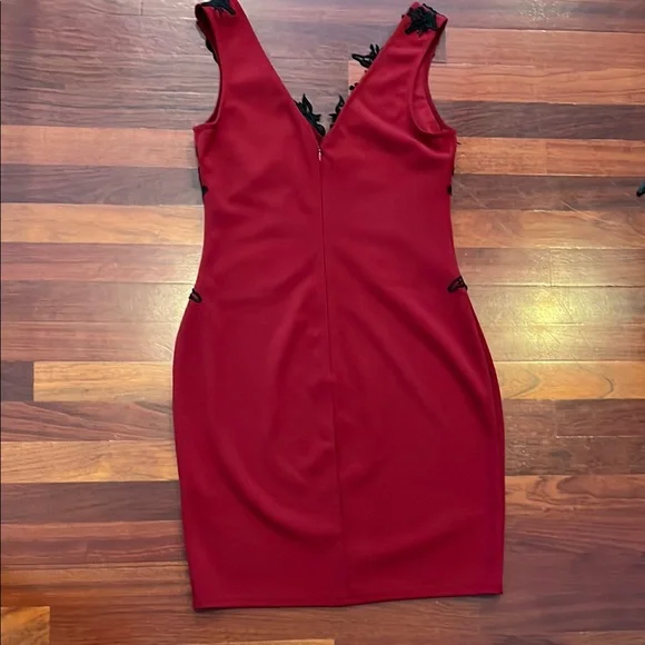 Womens 10 Lipsy Deep Red Dress with Black Lace Overlay Double V Neck - Picture 9 of 12